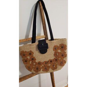 Vintage Jute Purse with Faux Suede Flowers and Belt Clasp Jute Shoulder Bag